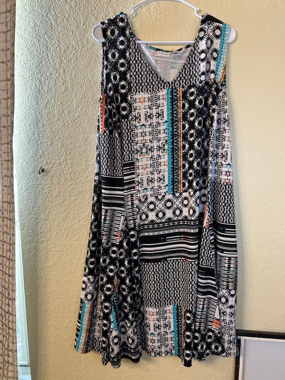 Kim Rogers 3X Patchwork Geometric Tank Shift Dress Boho Mid Length EUC